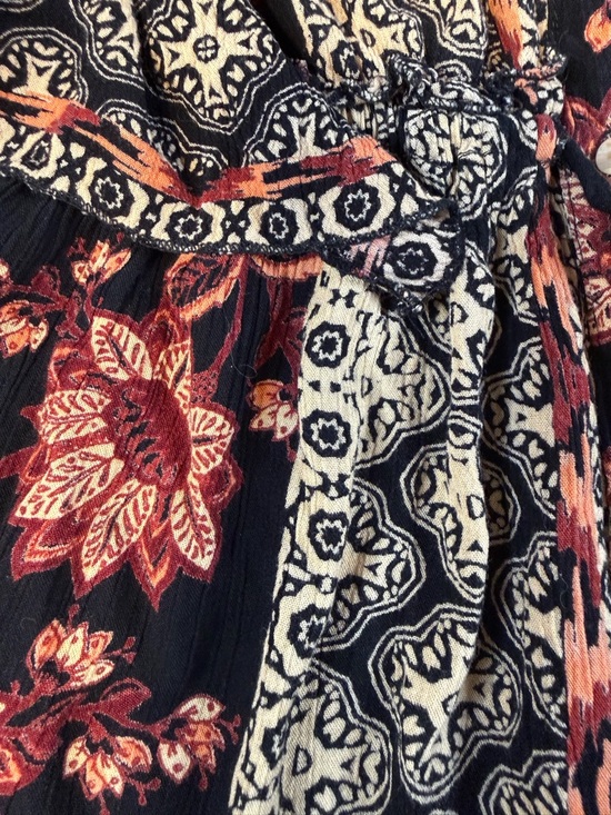 Angie Boho Mini Dress Womens Medium Black Floral Patchwork Button Front Flowy - Picture 8 of 9